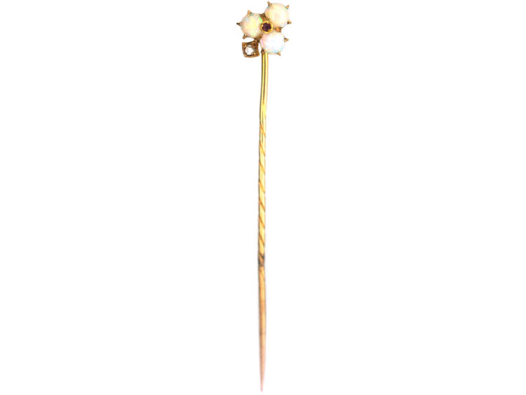 Edwardian 15ct Gold Opal, Ruby & Rose Diamond Trefoil Tie Pin