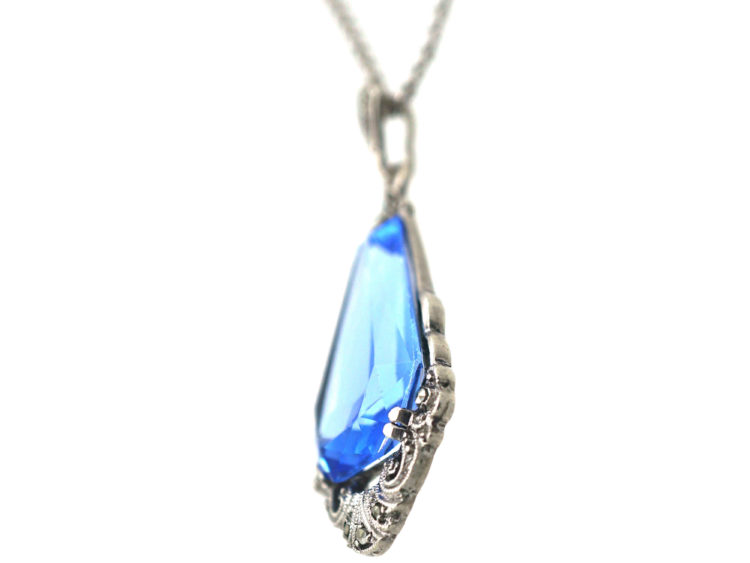 Art Deco Silver & Synthetic Blue Spinel Drop Pendant on a Silver Chain
