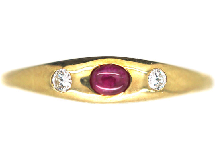 14ct Gold Ruby & Diamond Three Stone Rub Over Set Ring