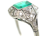 Art Deco Platinum Emerald & Diamond Ring