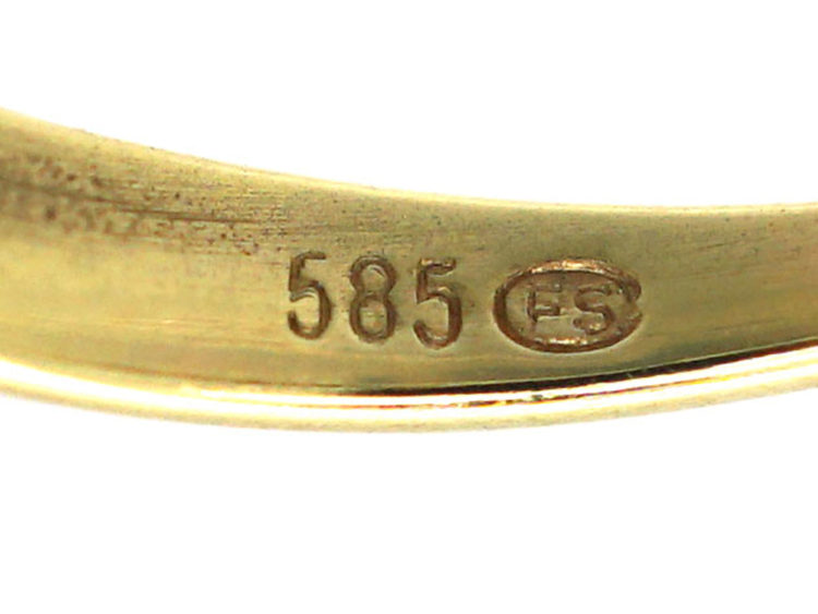 14ct Gold, Ruby & Diamond Three Stone Rub Over Set Ring