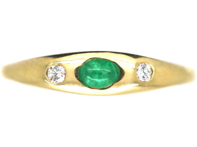 14ct Gold Diamond & Emerald Three Stone Rub Over Set Ring