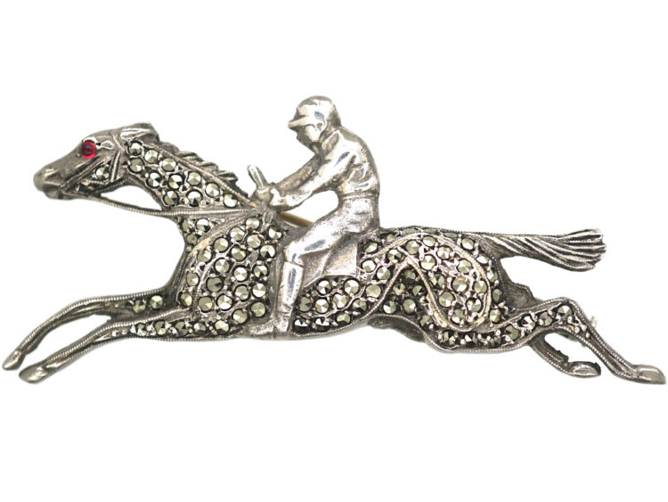 Silver & Marcasite Racehorse & Jockey Brooch