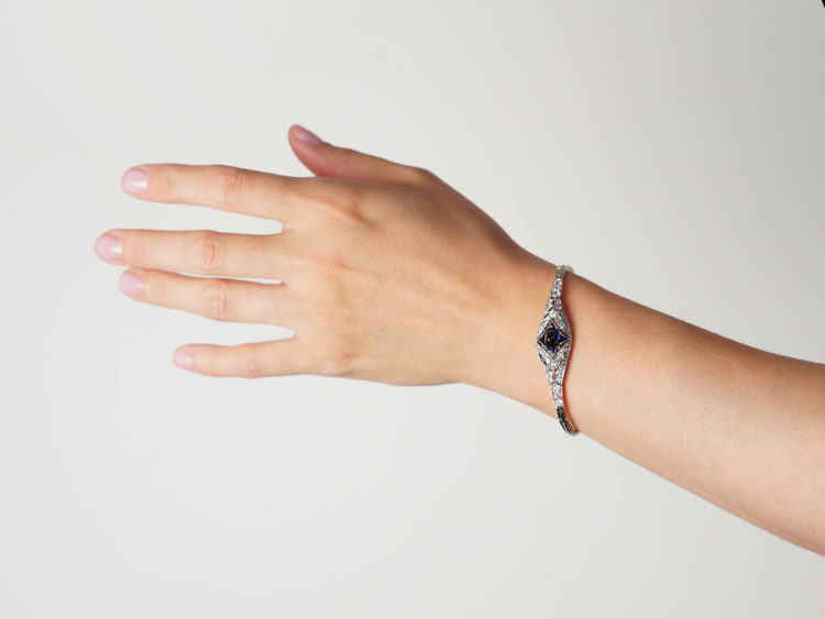 Art Deco 14ct Gold & Platinum, Cabochon Sapphire & Diamond Bracelet