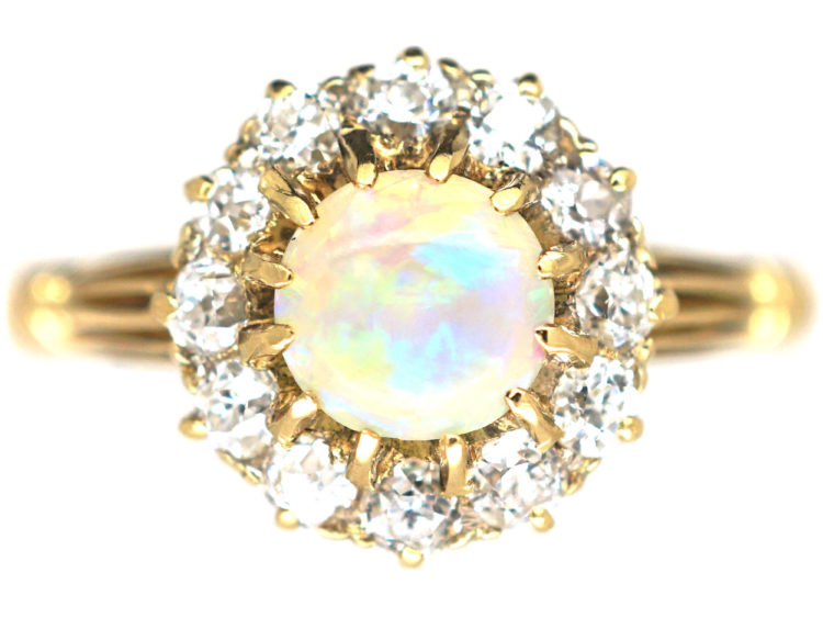Edwardian 18ct Gold Opal & Diamond Cluster Ring