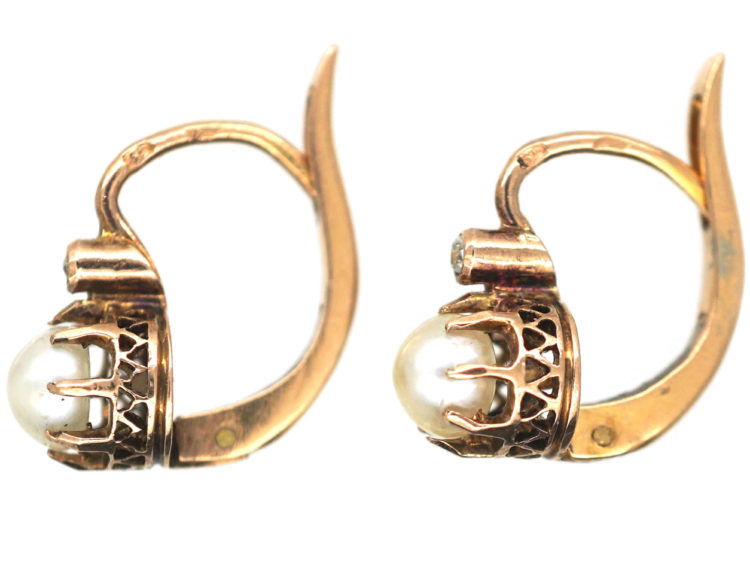 18ct Gold, Natural Pearl & Rose Diamond Earrings