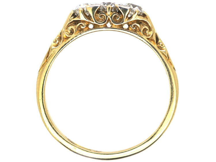 Edwardian 18ct Gold Three Stone Diamond Carved Half Hoop Ring