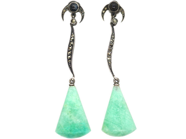 Art Deco Silver, Amazonite, Onyx & Marcasite Drop Earrings