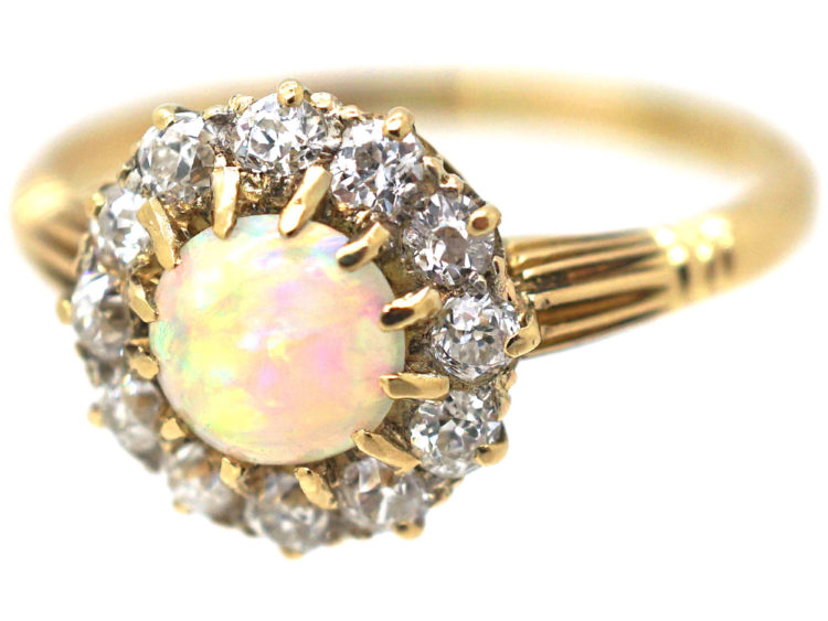 Edwardian 18ct Gold Opal & Diamond Cluster Ring