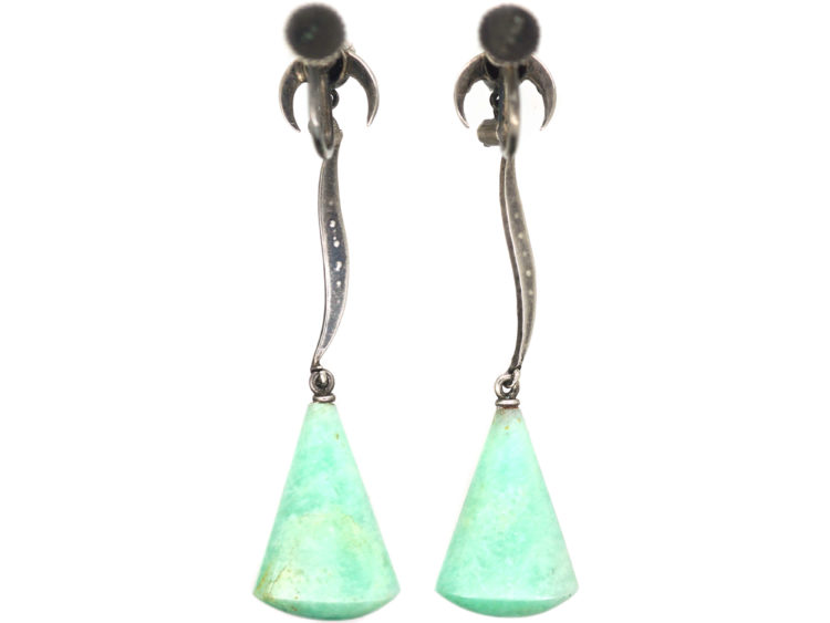 Art Deco Silver, Amazonite, Onyx & Marcasite Drop Earrings