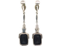 Art Deco Silver Onyx & Marcasite Drop Earrings
