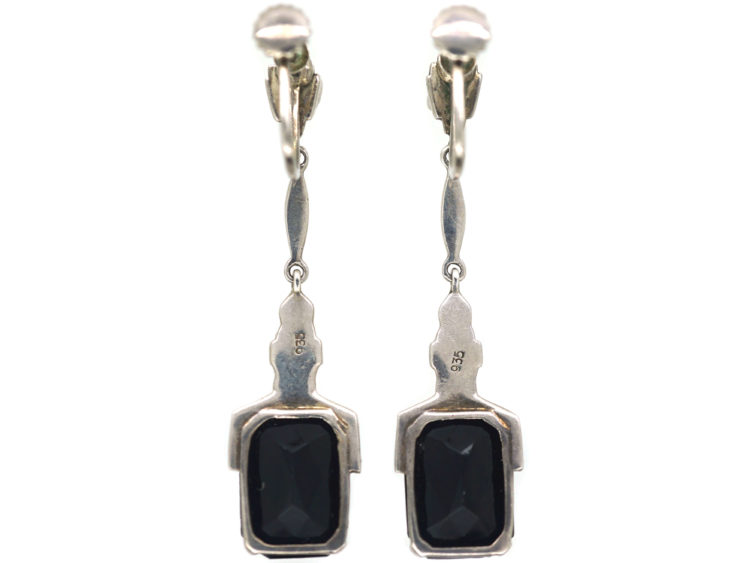 Art Deco Silver Onyx & Marcasite Drop Earrings