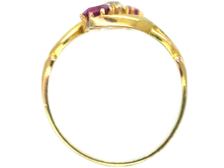 Art Nouveau 14ct Gold Pink Sapphire & Diamond Crossover Ring