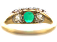 Victorian 18ct Gold, Emerald & Diamond Three Stone Carved Half Hoop Ring