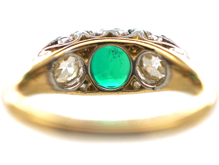 Victorian 18ct Gold, Emerald & Diamond Three Stone Carved Half Hoop Ring