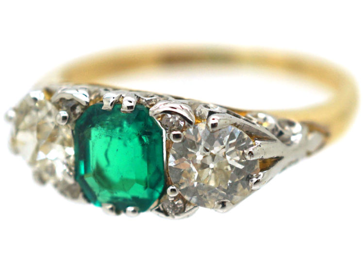 Victorian 18ct Gold, Emerald & Diamond Three Stone Carved Half Hoop Ring