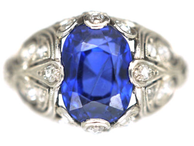 Art Deco Sapphire & Diamond Ring with Highly Ornate Mount