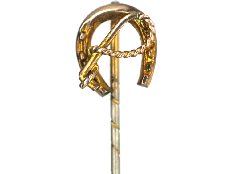 Edwardian 9ct Gold Horseshoe & Whip Tie Pin