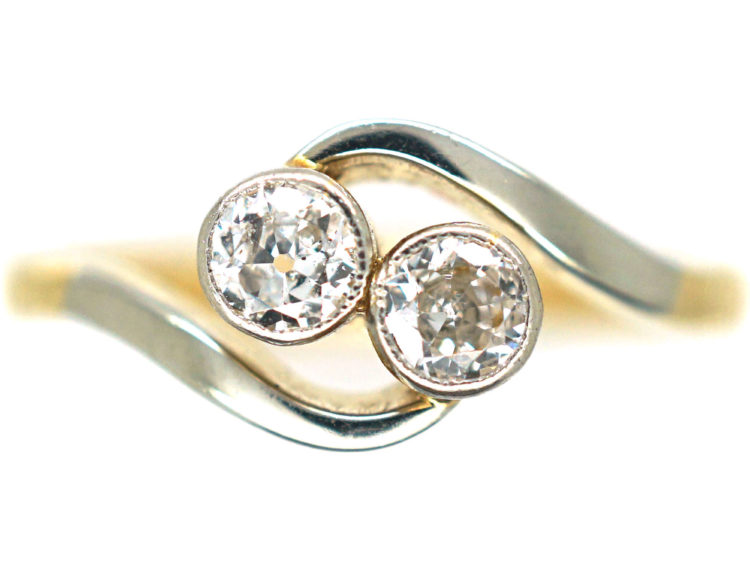 Edwardian 18ct Gold & Platinum Two Stone Diamond Crossover Ring
