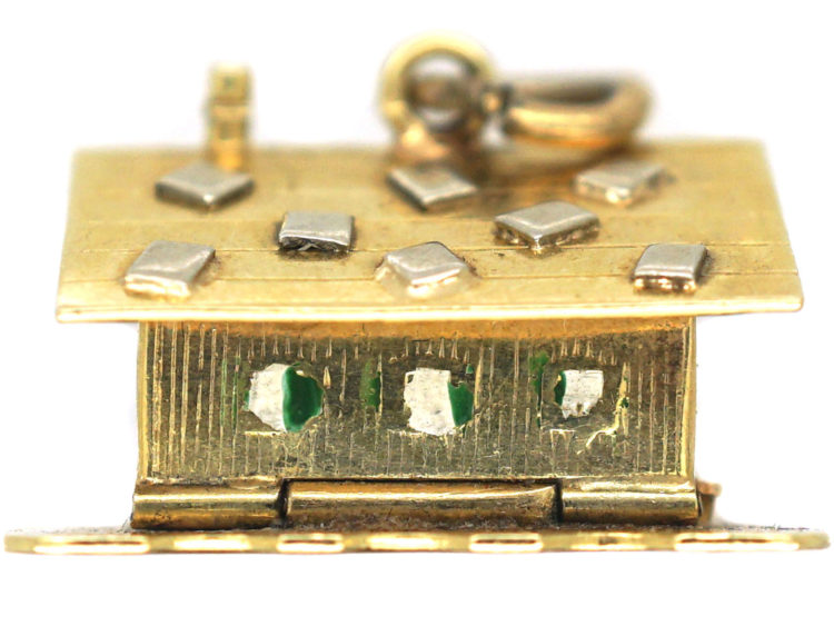 Swiss Chalet 14ct Gold & Enamel Charm with Couple in Bed Inside