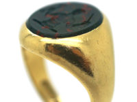 18ct Gold Signet Ring with Bloodstone Intaglio of a Crest of a Man With Sword & Key