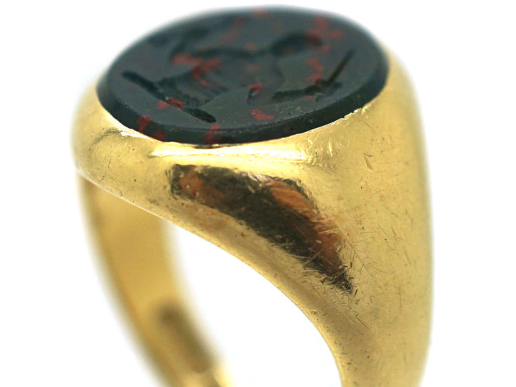 18ct Gold Signet Ring with Bloodstone Intaglio of a Crest of a Man With Sword & Key