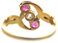 Art Nouveau 14ct Gold Pink Sapphire & Diamond Crossover Ring