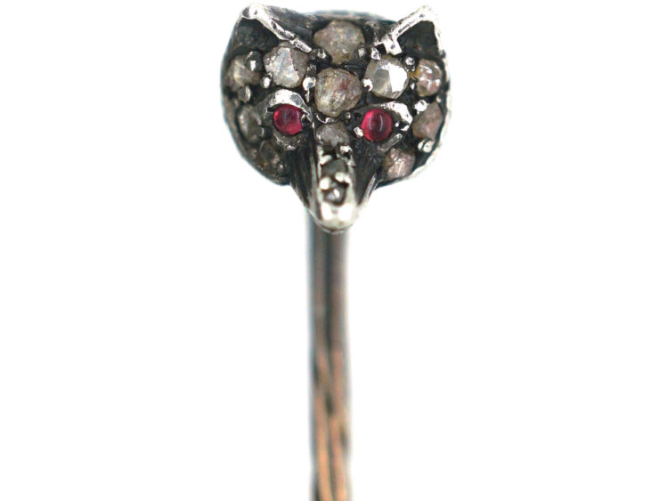 Edwardian Rose Diamond Fox Head Tie Pin with Ruby Eyes