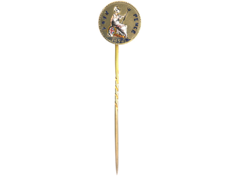 Victorian Silver Gilt & Enamel Four Pence Brittania Tie Pin