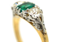 Victorian 18ct Gold, Emerald & Diamond Three Stone Carved Half Hoop Ring