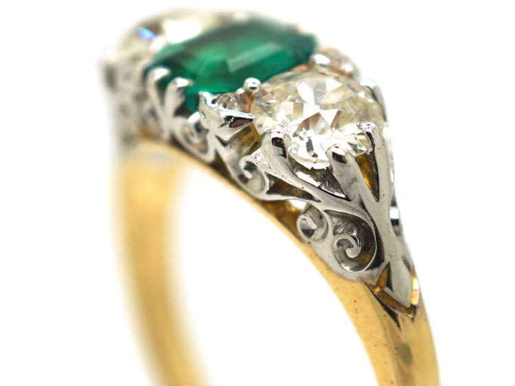 Victorian 18ct Gold, Emerald & Diamond Three Stone Carved Half Hoop Ring