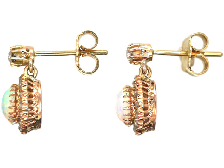 Edwardian 14ct Gold, Opal & Diamond Drop Cluster Earrings
