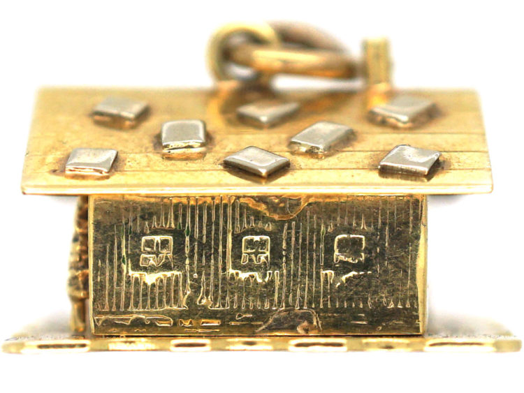 Swiss Chalet 14ct Gold & Enamel Charm with Couple in Bed Inside