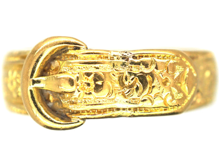 Victorian 18ct Gold & Engraved Flowers Buckle Ring