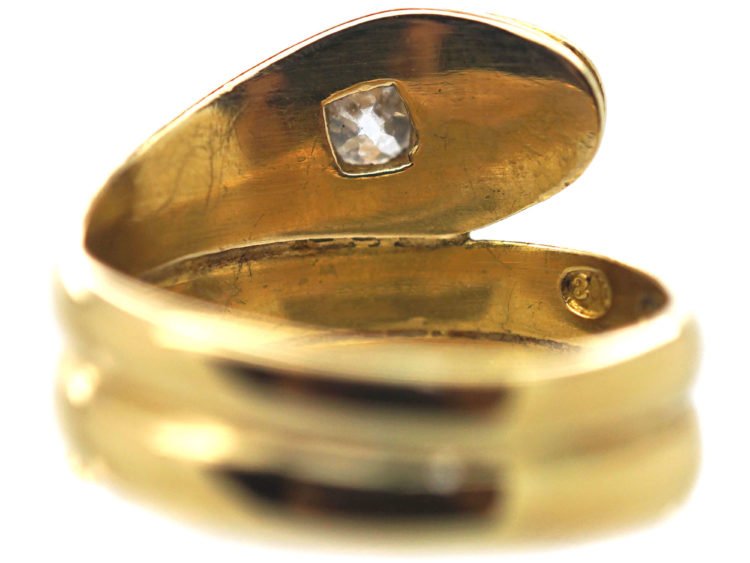 Victorian 18ct Gold Snake Ring set with a Diamond & Ruby Eyes
