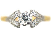 Art Deco 18ct Gold & Platinum, Diamond Solitaire Ring with Bow Shoulders
