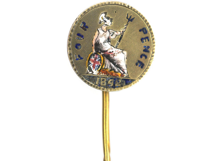 Victorian Silver Gilt & Enamel Four Pence Brittania Tie Pin