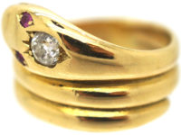 Victorian 18ct Gold Snake Ring set with a Diamond & Ruby Eyes