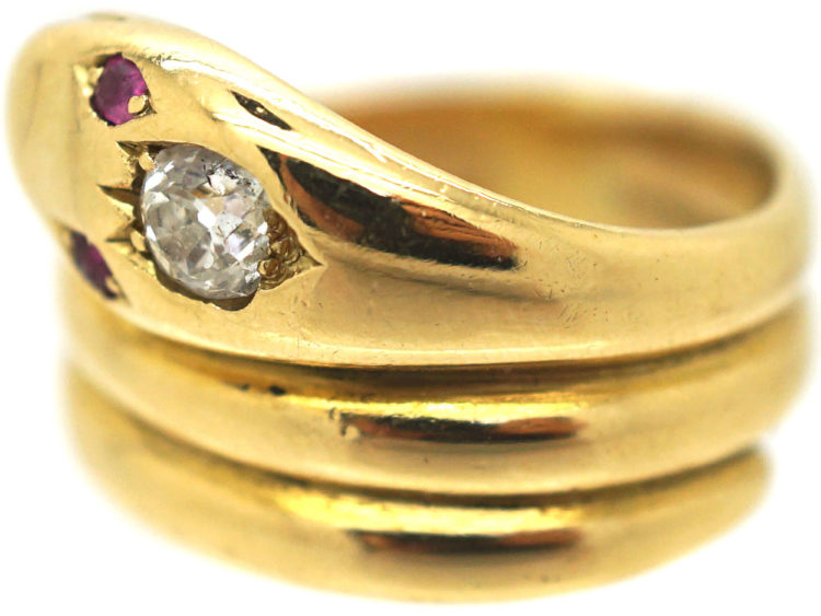 Victorian 18ct Gold Snake Ring set with a Diamond & Ruby Eyes