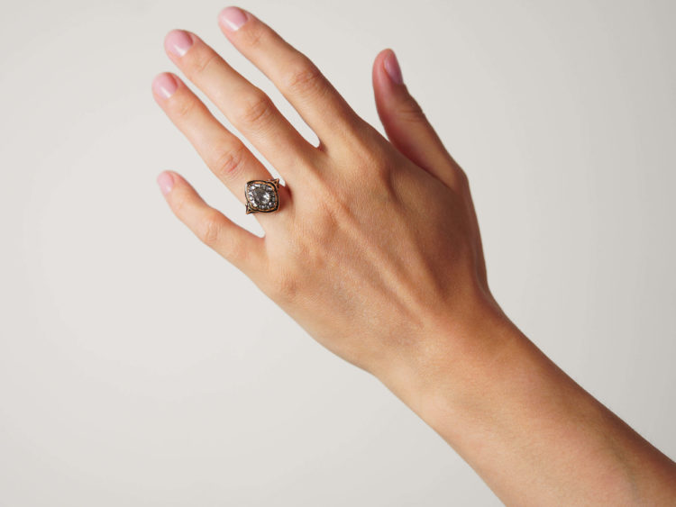 Victorian 18ct Gold & Black Enamel, Rose Diamond Ring with Pear Shaped Rose Diamond in the Centre