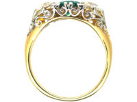 Victorian 18ct Gold, Emerald & Diamond Three Stone Carved Half Hoop Ring