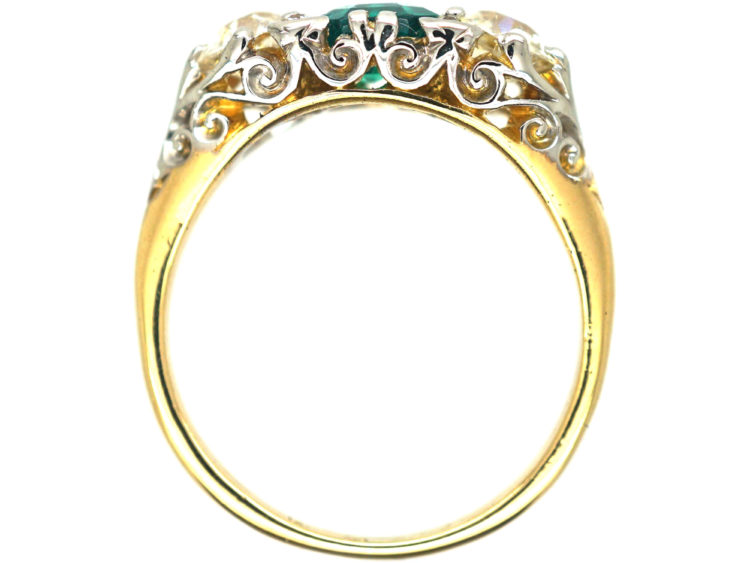 Victorian 18ct Gold, Emerald & Diamond Three Stone Carved Half Hoop Ring