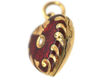 Edwardian 15ct Gold, Natural Split Pearl & Strawberry Red Enamel Heart Shaped Locket