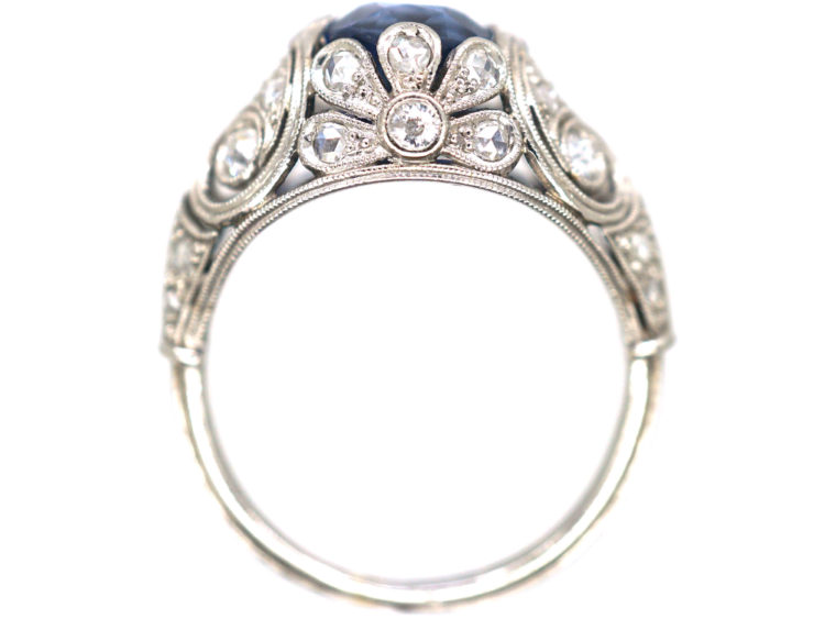 Art Deco Sapphire & Diamond Ring with Highly Ornate Mount
