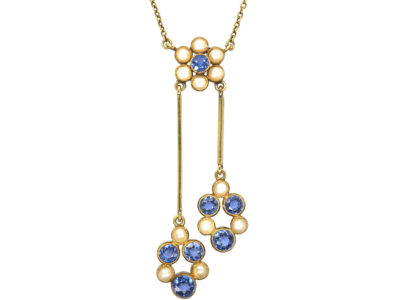 Edwardian 15ct Gold Sapphire & Natural Split Pearls Negligee Design Pendant