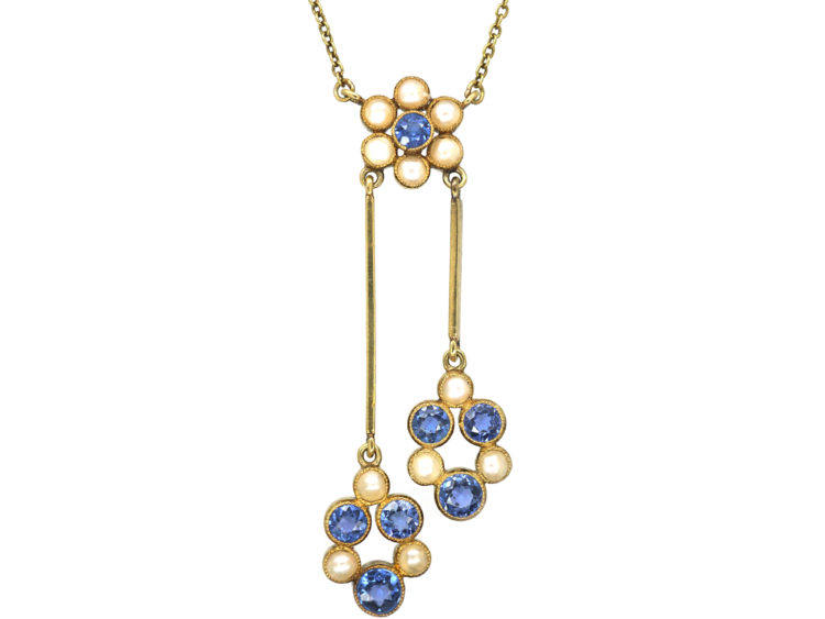 Edwardian 15ct Gold Sapphire & Natural Split Pearls Negligee Design Pendant