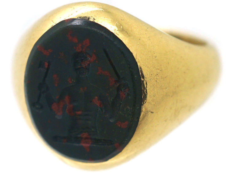 18ct Gold Signet Ring with Bloodstone Intaglio of a Crest of a Man With Sword & Key