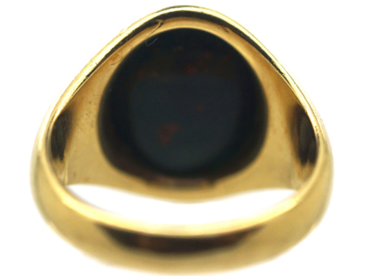 18ct Gold Signet Ring with Bloodstone Intaglio of a Crest of a Man With Sword & Key