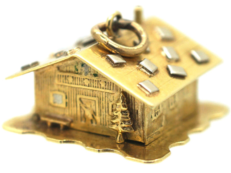Swiss Chalet 14ct Gold & Enamel Charm with Couple in Bed Inside