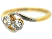 Edwardian 18ct Gold & Platinum Two Stone Diamond Crossover Ring